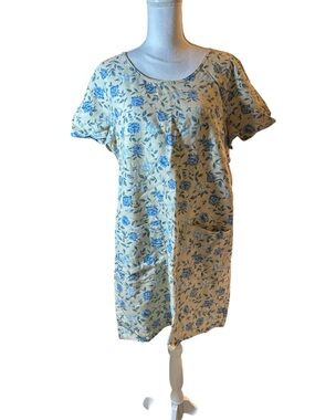 Erika Linen Blend Blue Floral Shift Dress on Cream Background